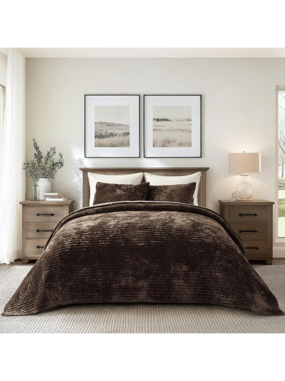 Luxury King Size Velvet Quilt Set - Stripe Channel Design in Walnut Brown